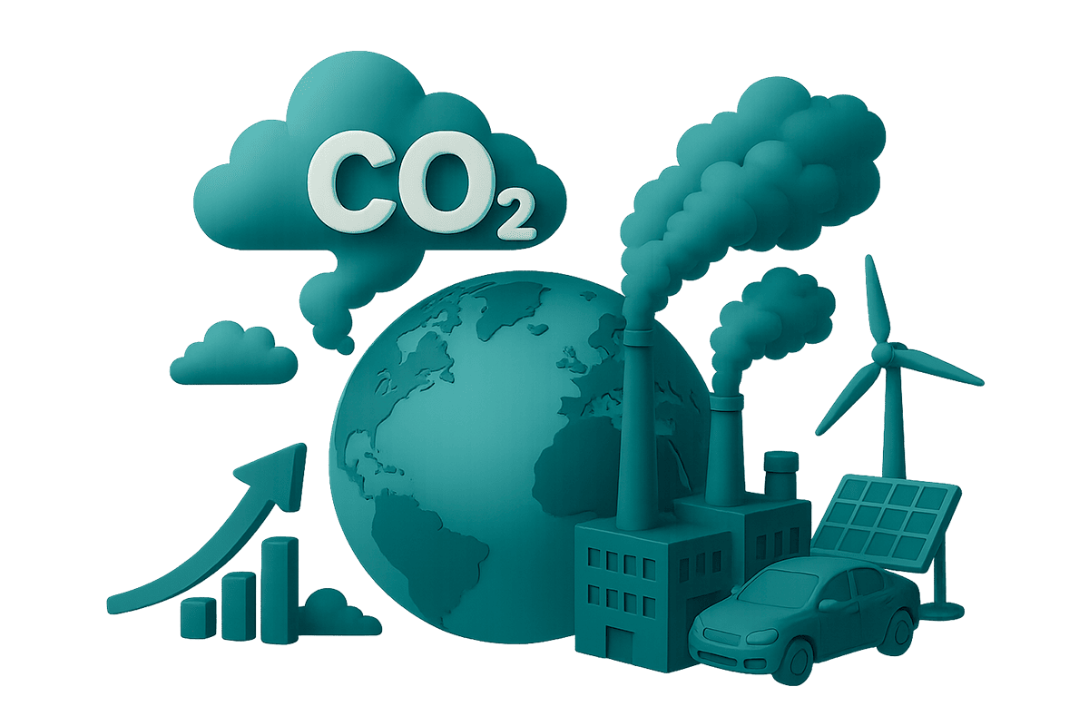 Illustrazione 3D con fabbriche, auto, turbine eoliche e pannelli solari attorno al pianeta Terra, con nuvole di CO₂ e grafico in crescita: rappresenta l’impatto delle emissioni e la transizione verso l’energia pulita, tema centrale del CBAM